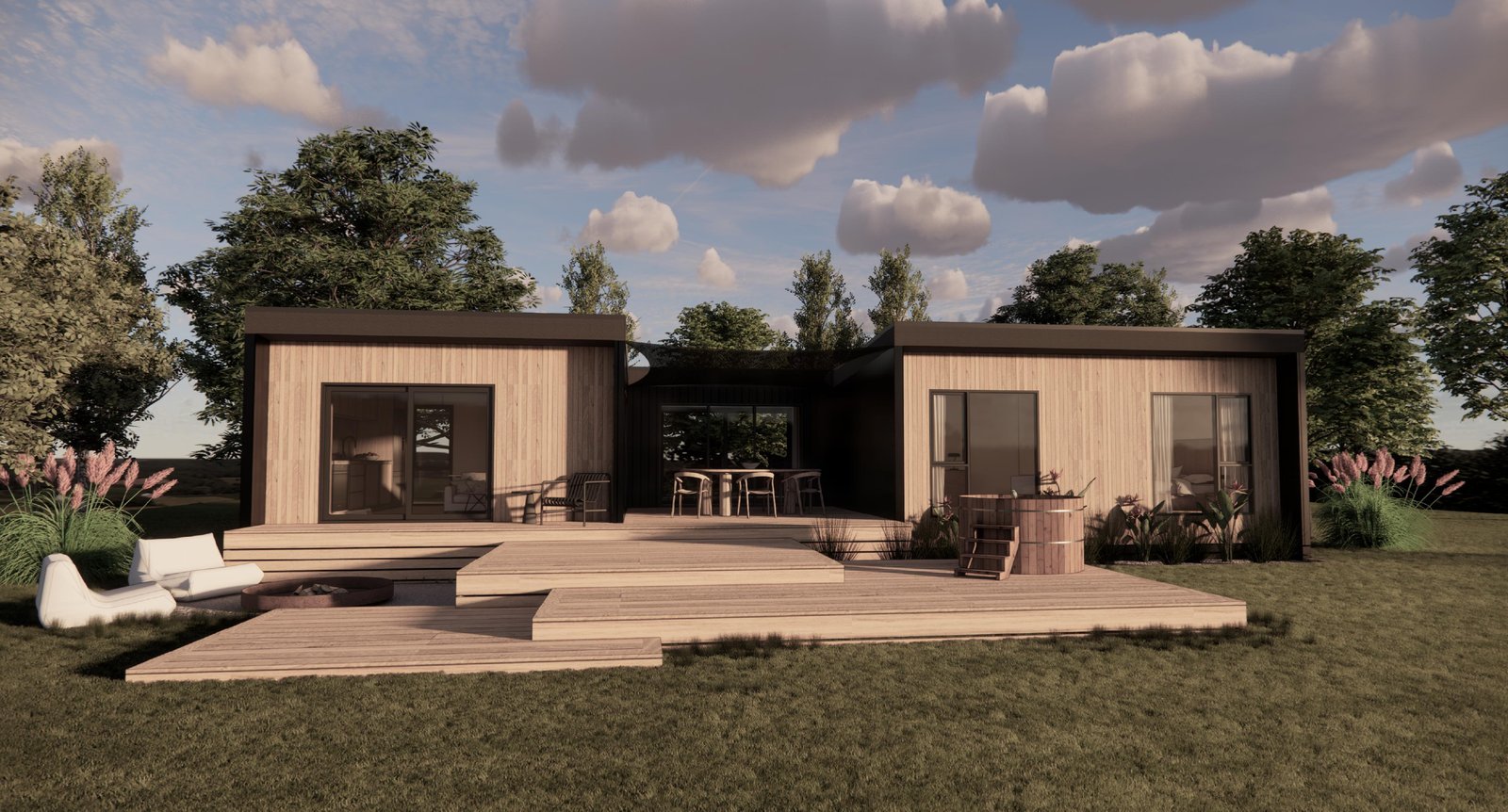 Modulink home front entrance with timber cladding and expansive deck