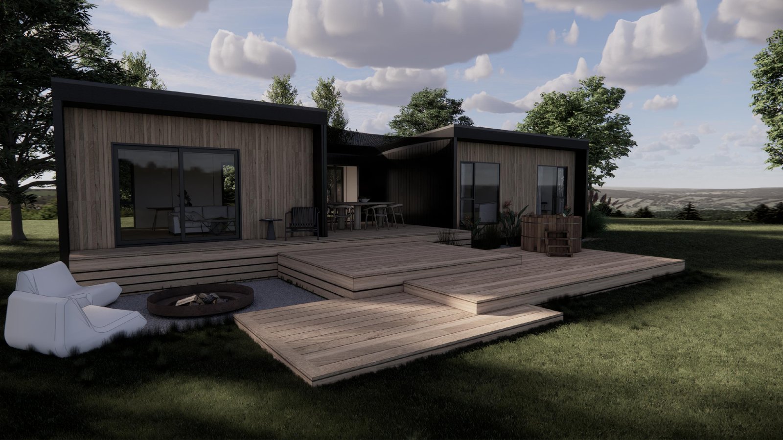 Modulink modular home exterior with timber cladding and fire pit