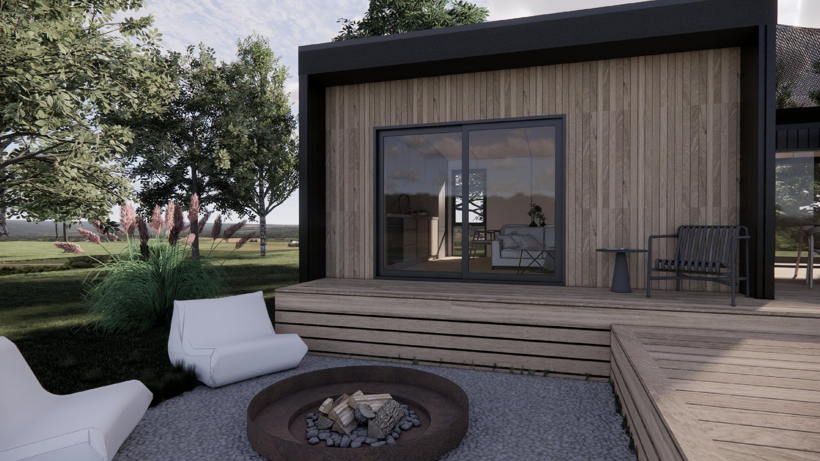 Timber-clad module with floor-to-ceiling glazing