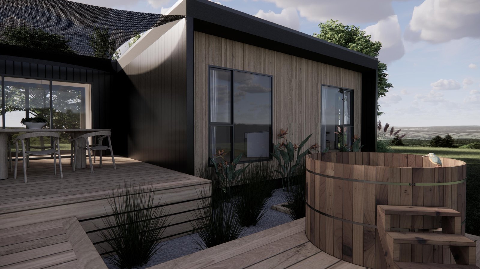 Outdoor area with hot tub and planted courtyard