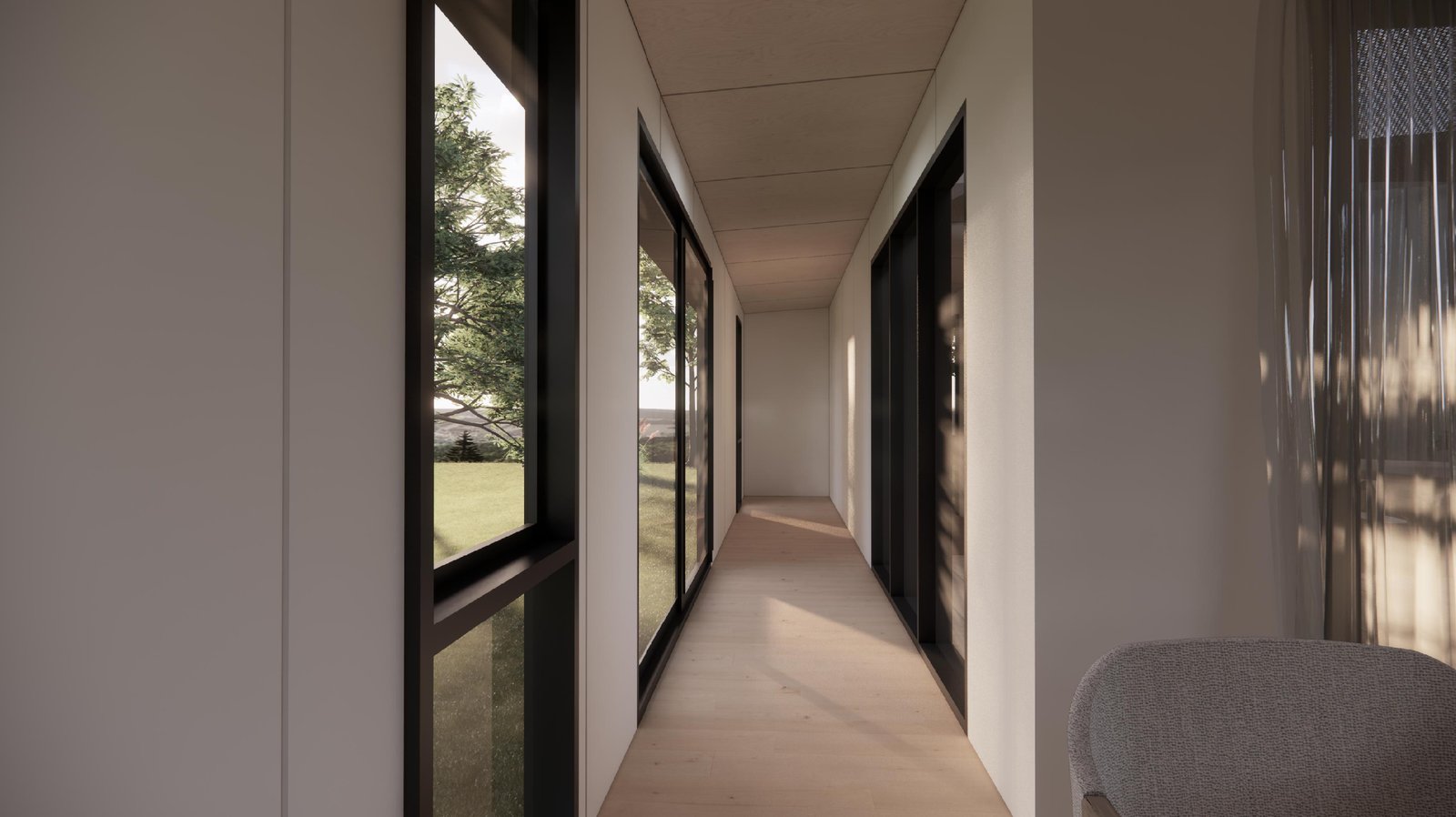 Light-filled hallway with garden views