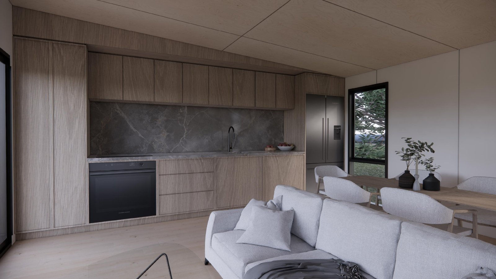 Modern kitchen with timber cabinetry and stone splashback